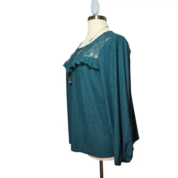 Zac & Rachel Woman 2X Green Swiss Dot Lace Yoke Blouse Long Sleeve Flowy Top - Picture 3 of 8